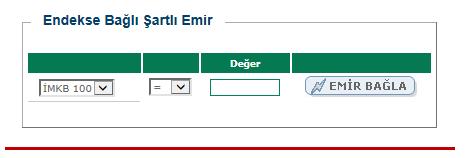 Endekse Bağlı Şartlı Emir BİST 100 ya da BİST 30 endekslerinin sizin önceden belirleyeceğiniz bir seviyeye ulaşması, geçmesi ya da düşmesi durumunda, bu şarta bağlı hazırladığınız emirleriniz BİST e