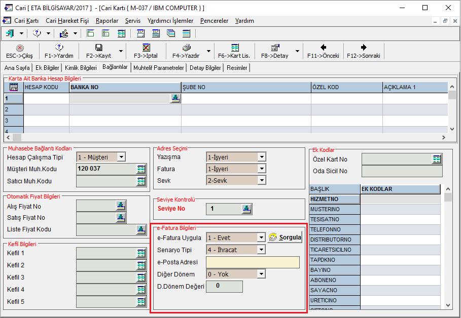 Cari Kartında Yapılan Tanımlamalar İhracat e-faturasına konu olan cari kartının Bağlantılar sayfasındaki E-Fatura Bilgileri bölümü doldurulur.
