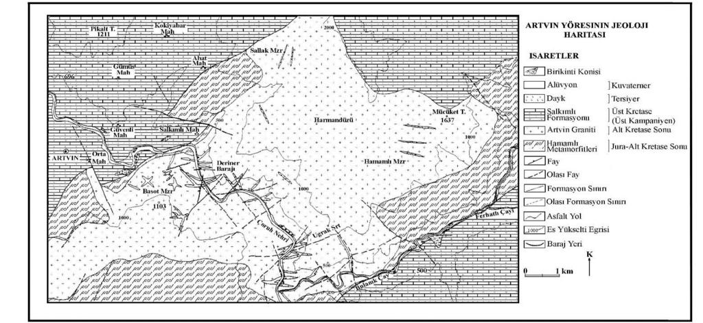 Şekil 1: Artvin ve yakın çevresinin jeoloji haritası [18]. Şekil 2. Çalışma alanının yer buldurur haritası [27]. 3.