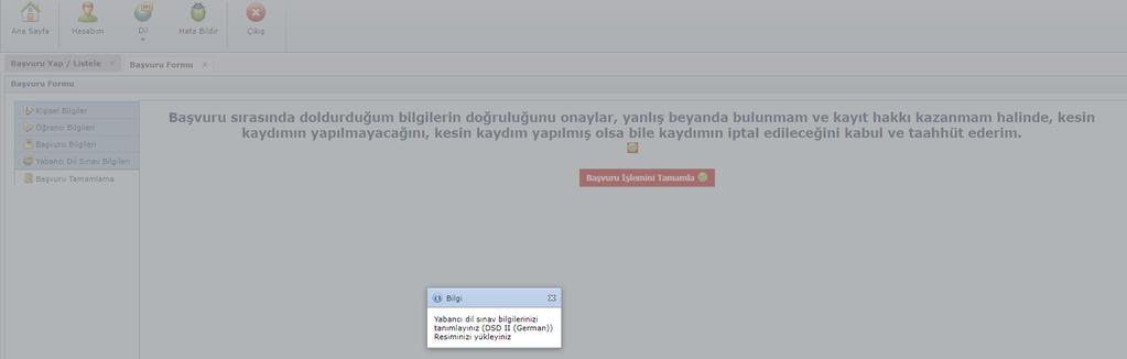 «Başvuru İşlemini Tamamla» butonuna tıkladıktan sonra eksik bilginiz var ise
