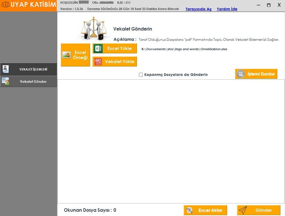 6. VEKALET İŞLEMLERİ (BAŞA DÖN) 6.1. VEKALET GÖNDER Vekalet göndermek için VEKALET İŞLEMLERİ Vekalet Gönder butonlarına basın. Excel veya vekalet (pdf) dosyasını yükleyin.