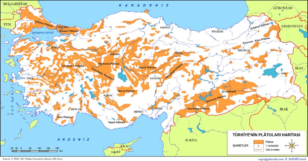 Harita 2: Türkiye de Plato Sahalarının Dağılışı Ülkemizde bulunan platolar haritası ile karstik arazileri gösteren bir harita birlikte incelendiğinde, Türkiye de obruk oluşumu için gerekli koşulları