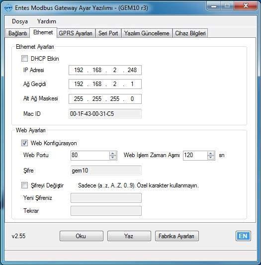 3.2 Ethernet Ayarları ( GEM-05 modelinde bu ayar bulunmaz )! Şekil 26: GEM Serisi - Ethernet Menüsü Bu özellik GEM-05 ve MY EMG-02 modelinde bulunmaz.