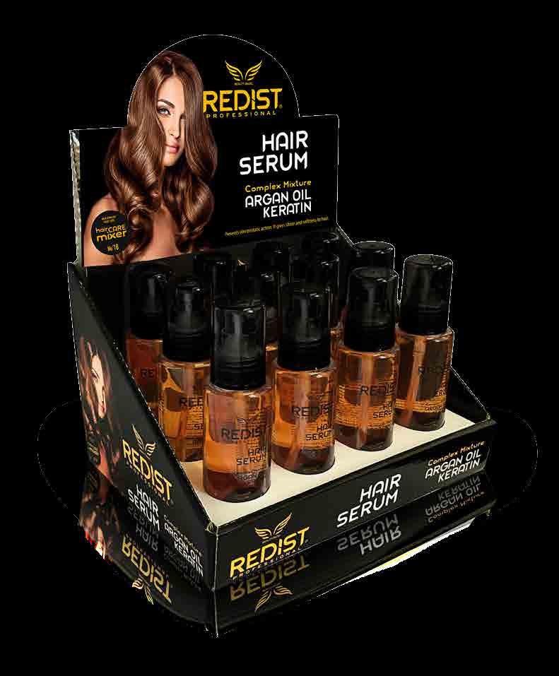 Hair care serum with Argan- Keratin ( It is not applied on hair roots.) It gives shine and softness to hair.