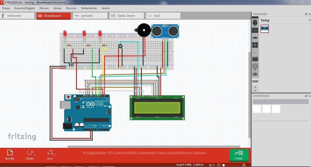 2.19 Simülasyon Çalışmaları 2.19.1 Sistemin devre bağlantılarının yapılması Şekil 2.11: Devrenin Fritzing Programında Tasarımı Devrenin tasarımı Şekil 2.