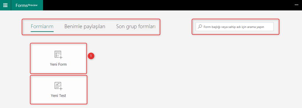 Forms arayüzündeki Formlarım bölümünde kullanıcıların oluşturdukları formlar ve testler listelenir. Benimle paylaşılan başlığında ilgili kullanıcı ile paylaşılan formlar listelenir.