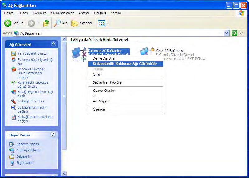 5.Açılan pencereden Kablosuz Ağ Bağlantısı na sağ