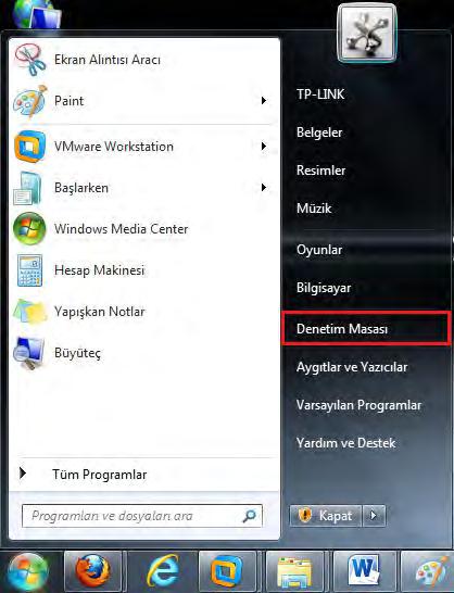 Windows 7 üzerinde Kablosuz Bağlantı Kurma; 1.
