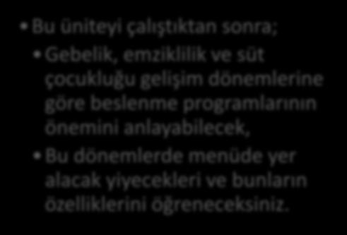 Hava ÖZKAN HEDEFLER Bu üniteyi çalıştıktan sonra; Gebelik, emziklilik ve süt çocukluğu gelişim dönemlerine