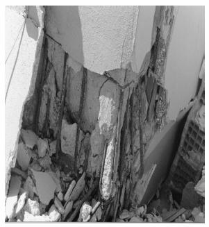 Şekil 2.9 da, İzmit yakınlarındaki bir sitenin kolonlarında, donatı bindirme uçlarında kanca yapılmasından ve etriye yetersizliğinden dolayı betonun uğradığı hasar görülmektedir. Şekil 2.