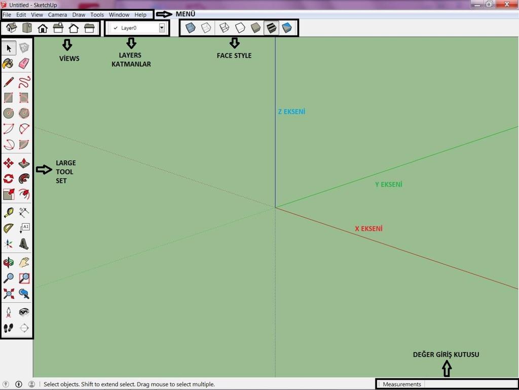 1 SKETCH UP BAŞLANGIÇ 1.MENÜ: Menü çubuğunda 8 farklı ayar butonu bulunur. Bunlar File, Edit, View, Camera, Draw, Tools, Window, Help. 2.