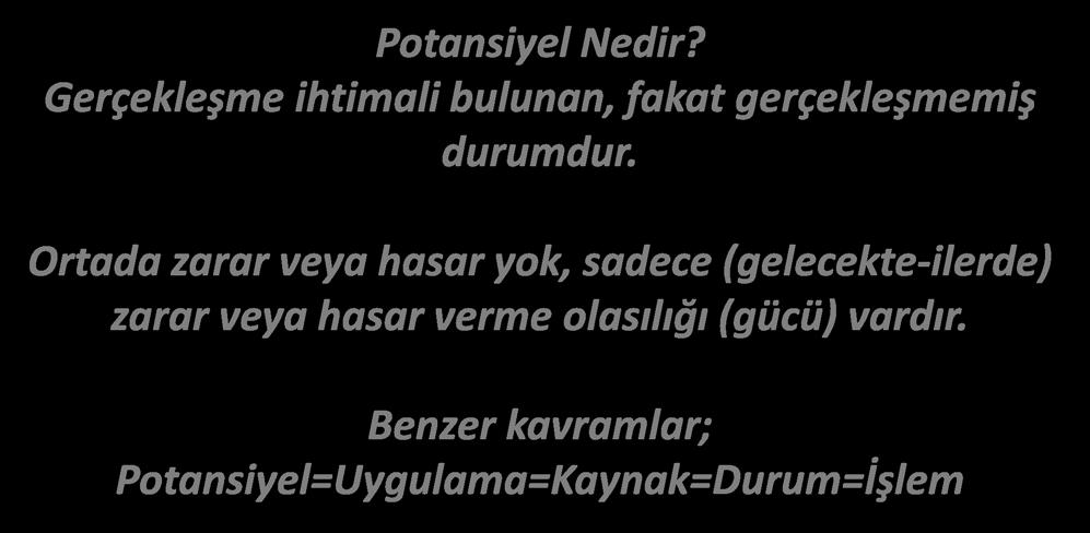 TANIMLAR AÇIKLAMALAR Potansiyel Nedir? Gerçekleşme ihtimali bulunan, fakat gerçekleşmemiş durumdur.