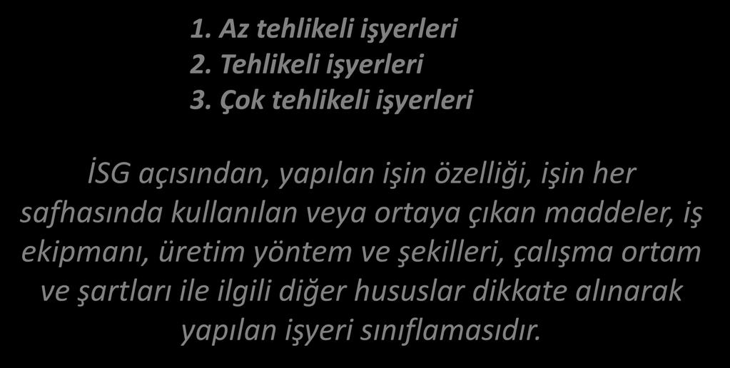 TANIMLAR TEHLİKE SINIFI / İSG Kanunu & RD Yönetmeliği 1. Az tehlikeli işyerleri 2. Tehlikeli işyerleri 3.