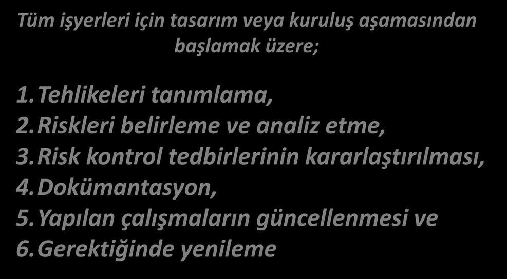 RİSK YÖNETİM PROSESİ (SÜRECİ) RİSK DEĞERLENDİRME / RD Yönetmeliği Tüm işyerleri için tasarım veya kuruluş aşamasından başlamak üzere; 1.Tehlikeleri tanımlama, 2.