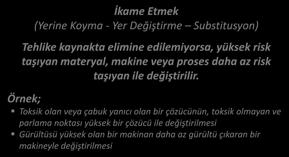 RİSK YÖNETİM PROSESİ (SÜRECİ) KAYNAKTA KORUMA İkame Etmek (Yerine Koyma - Yer Değiştirme Substitusyon) Tehlike kaynakta elimine edilemiyorsa, yüksek risk taşıyan materyal, makine veya proses daha az