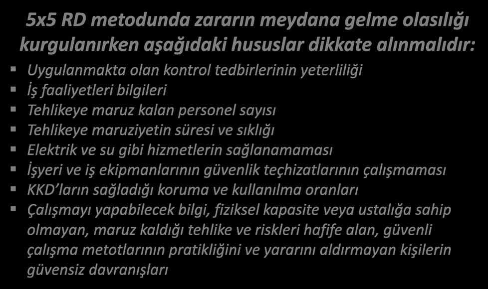 RİSK DEĞERLENDİRME L TİPİ MATRİS 5x5 RD metodunda zararın meydana gelme olasılığı kurgulanırken aşağıdaki hususlar dikkate alınmalıdır: Uygulanmakta olan kontrol tedbirlerinin yeterliliği İş