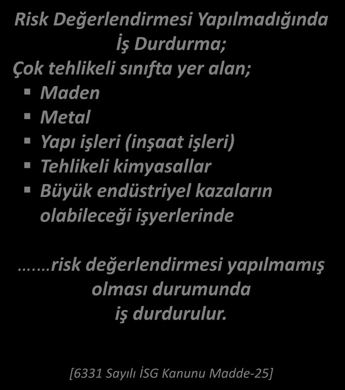 RİSK DEĞERLENDİRME 1 İş Durdurma 2 Hayati Tehlike Oluştuğunda İş Durdurma; İşyerindeki bina ve eklentilerde Çalışma yöntem ve şekillerinde İş ekipmanlarında çalışanlar.