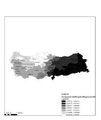 Tematik 417 3.3. Eğitim Düzeyi IBSS 3 e Göre Dağılımı Türkiye de eğitim düzeyinin 81 il bazında dağılımı Şekil 3 de gösterilmiştir.