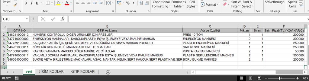 Açılan pencerede Excel Formatı İndir başlıklı buton tıklanarak aşağıda örneği görülen Excel dosyası indirilir. Dosya veri, BİRİM KODLARI ve GTIP KODLARI başlıklı 3 sekme içermektedir.