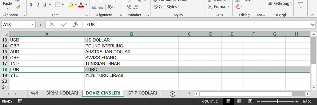 Yerli Liste Sekmesi Başlığında detaylandırıldığı üzere veri başlıklı sekmede yer alan GTIP NO, GTIP Açıklama kolonların doldurulması için GTIP KODLARI başlıklı sekmeden, Birimi başlıklı kolonu