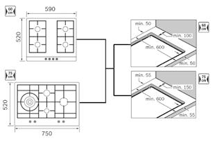 Cihaz tipi Minimum mesafe A (mm) Minimum mesafe B (mm) Minimum mesafe C (mm) Cam ocak tablalı ürünler 100 60 50 100 80 50 Çelik / Emaye ocak tablalı ürünler Ankastre ocağın kurulumu esnasında
