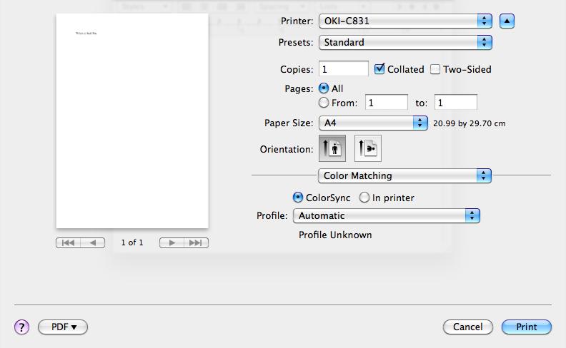 [Renk Eşleştirme] (Color Matching) paneli [Summary] (Summary) paneli 1 Öğe ColorSync (ColorSync) In printer (In