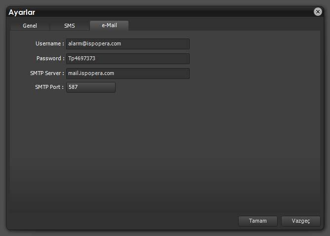 c. E-posta Bu ekranda istenilen alarmların e-posta olarak kullanıcılara gönderilebilmesi için tanımlamalar yer almaktadır. 17.