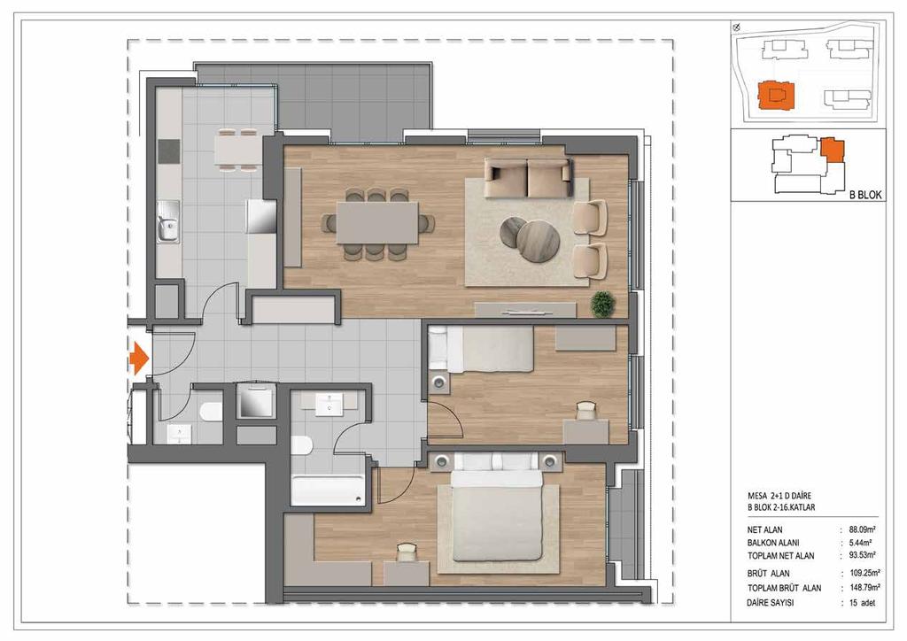 2+1 C2 DAİRE A BLOK 2-16.KATLAR 2+1 D DAİRE B BLOK 2-16.KATLAR ET ALA : 85.57 m² BALKO ALAI : 4.93 m² TOPLAM ET ALA : 90.50 m² BRÜT ALA : 146.06 m² ET ALA : 88.09 m² BALKO ALAI : 5.