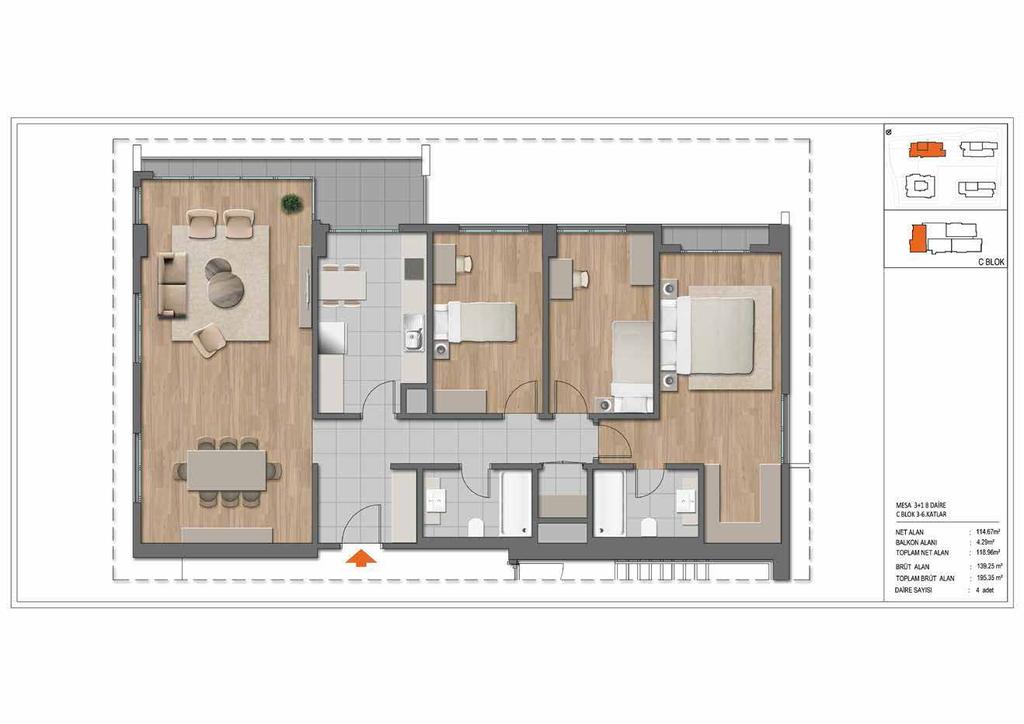 3+1 B DAİRE C BLOK 3-6.KATLAR 3+1 C DAİRE B BLOK 2-16.KATLAR ET ALA : BALKO ALAI : TOPLAM ET ALA : BRÜT ALA : 114.67 m² 4.