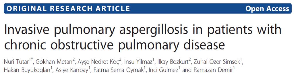 18 Ocak 2006-Aralık 2011 klinik örneklerden Aspergillus izole edilen olan 71 olgu Hastalarda 11 inde evre 3-4 KOAH YBÜ yatışı 5/11 Mekanik ventilasyon ihtiyacı 4/11 Histopatojik inceleme 3/11