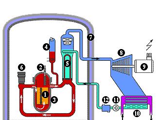 1. Reaktör kalbi (reactor core) 2. Kontrol çubuğu (control rod) 3. Reaktör basınç kabı (pressure vessel) 4. Basınçlandırıcı (pressurizer) 5. Buhar üreteci (steam generator) 6.
