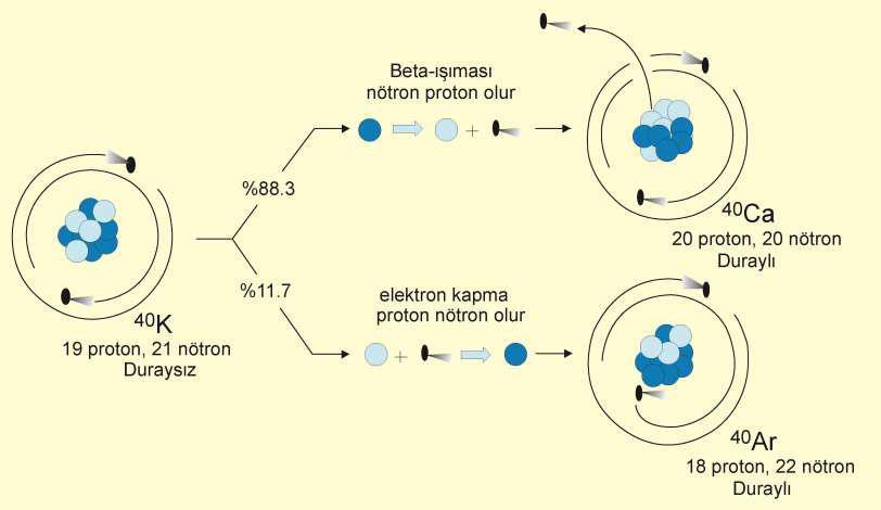 Potasyum Argon 40 K un % 88.3 lük kısmı 40 Ca a dönüşmesine rağmen bozuşumdan gelecek olan az miktardaki 40 Ca ın artışını belirlemeyi mümkün kılmaz.