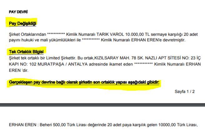 PAY DEVRİ İŞLEMLERİ Tek ortaklı şirketlerde yine tek kişiye pay devri