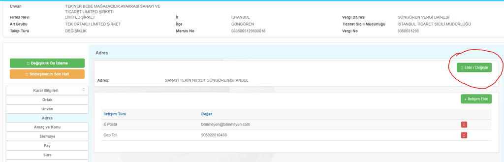 ADRES DEĞİŞİKLİĞİ İŞLEMLERİ Gelen Ekranda