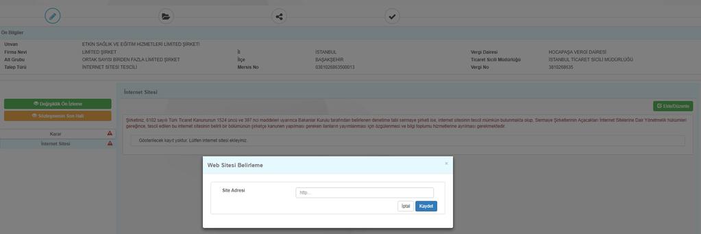 «İnternet Sitesi Tescili İşlemleri» girilir.