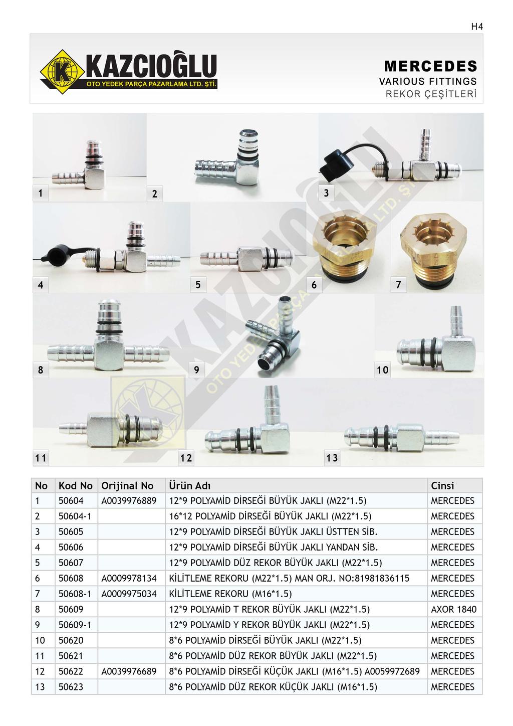 H4 VARIOUS FITTINGS REKOR ÇEŞİTLERİ 4 9 [111 1 50604 A0039976889 2 50604-1 3 50605 4 50606 5 50607 6 50608 A0009978134 7 50608-1 A0009975034 8 50609 9 50609-1 10 50620 11 50621 12 50622 A0039976689