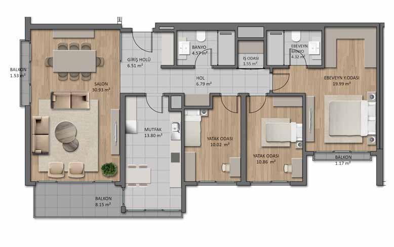 19 m 2 SALON : 30.93 m 2 MUTFAK : 13.80 m 2 BANYO : 4.57 m 2 YATAK ODASI : 10.51 m 2 İŞ ODASI : 1.55 m 2 BALKON : 8.