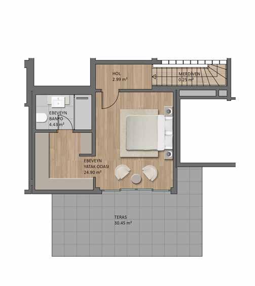 3+1 A1 - T DUBLEKS DAİRE A BLOK GENEL BRÜT ALAN : 188.11 m 2 TOPLAM NET ALAN (BALKONLU) : 132.64 m 2 TOPLAM NET ALAN (BALKONSUZ): 123.84 m 2 ALT KAT 4.