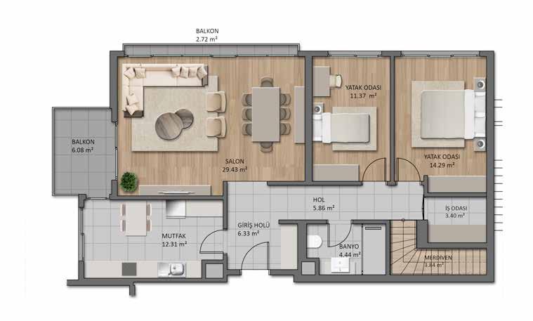 72 m 2 ÜST KAT - ÇATI KATI EBEVEYN YATAK ODASI : 25.91 m 2 EBEVEYN BANYO : 4.34 m 2 HOL : 2.