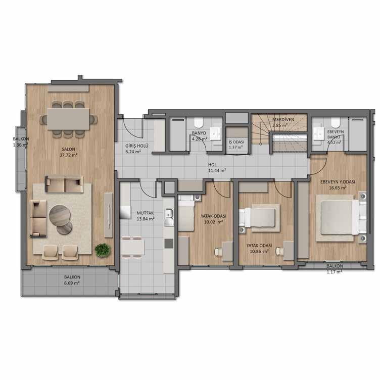 44 m 2 GİRİŞ HOLÜ : 6.24 m 2 İŞ ODASI : 1.37 m 2 MERDİVEN : 2.85 m 2 BALKON : 1.36 m 2 BALKON : 1.17 m 2 BALKON : 6.69 m 2 ÜST KAT - ÇATI KATI EBEVEYN YATAK ODASI : 24.