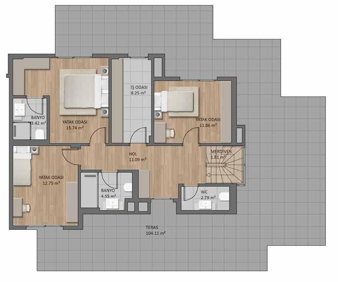 4,5+1 B1 - T DUBLEKS DAİRE B BLOK GENEL BRÜT ALAN : 276.53 m 2 TOPLAM NET ALAN (BALKONLU) : 197.94 m 2 TOPLAM NET ALAN (BALKONSUZ): 175.42 m 2 ALT KAT 4. KAT SALON : 43.