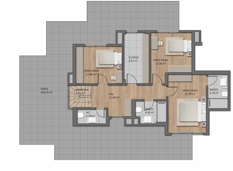 4,5+1 B2 - T DUBLEKS DAİRE B BLOK GENEL BRÜT ALAN : 277.79 m 2 TOPLAM NET ALAN (BALKONLU) : 198.90 m 2 TOPLAM NET ALAN (BALKONSUZ) : 176.38 m 2 ALT KAT 4. KAT SALON : 43.