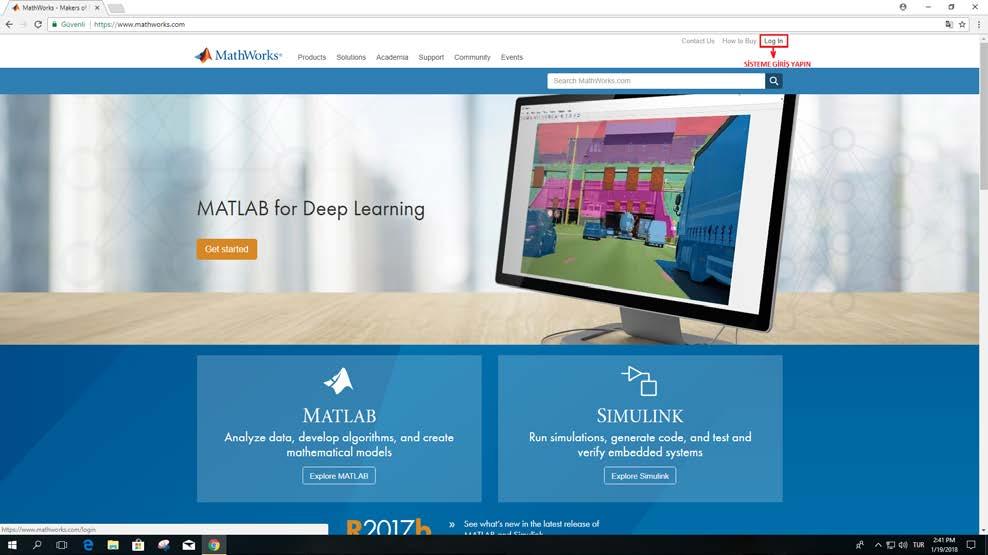 MATLAB KURULUM KILAVUZU 1- https://www.mathworks.com sitesine girerek Log In sekmesine tıklayın.