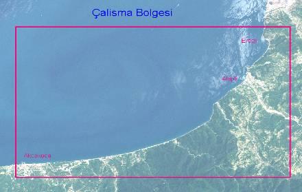 6. Ulusal Kıyı Mühendisliği Sempozyumu 361 Şekil 1 Çalışma bölgesinin 12.6. 21 tarihli Landsat7 ETM+ uydu görüntüsünde, RGB,3/2/1 bant kombinasyonunda gösterimi.