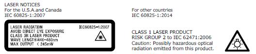 60825-1:2014 1. SINIF LAZER ÜRÜNÜ IEC 62471:2006 YA GÖRE 2. RİSK GRUBU Dikkat: Bu üründen tehlike riski taşıyan optik ışıma yayılır.