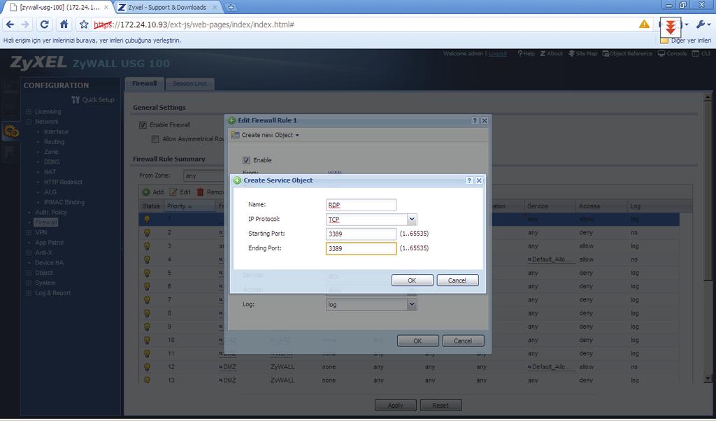 Port Yönlendirme ve Firewall 33 Kuralı aktiﬂemek için Enable seçilir.