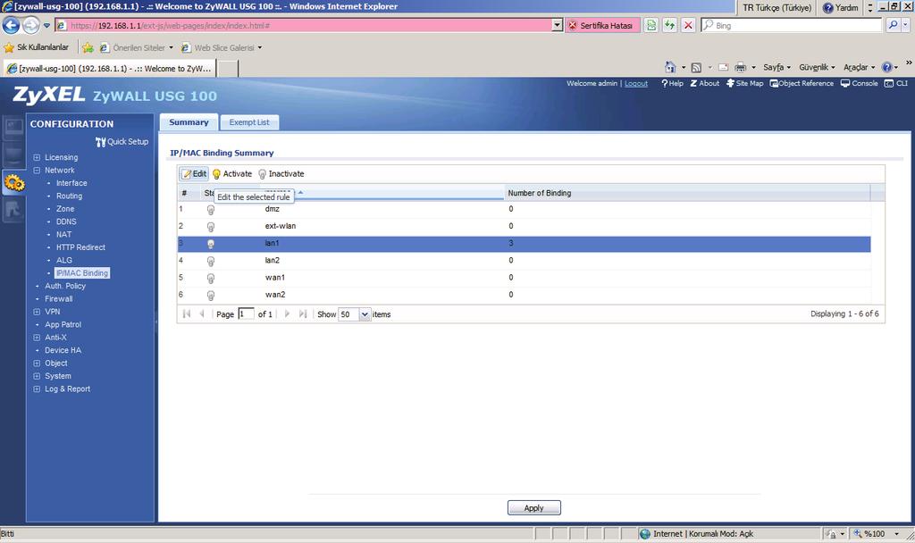 76 ZyWALL USG 100 Kurulum ve Kullanım Kılavuzu 12. Yerel Ağdaki PC lerin Iplerini Sabitlemek (IP-MAC Binding) Cihazımızda şu ana kadar IP bazlı kurallar oluşturduk.