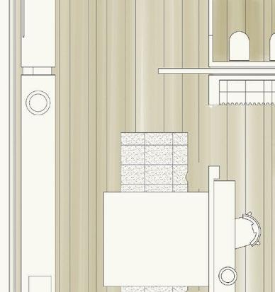 Banyo konutun diğer alanlarına entegre edilmiştir ve yatak odası ile uyumlu bir birliktelik oluşturmaktadır. Bir sürme kapı ile birbirinden ayrılmış olan iki mekân birbirinin içinde erimektedir.