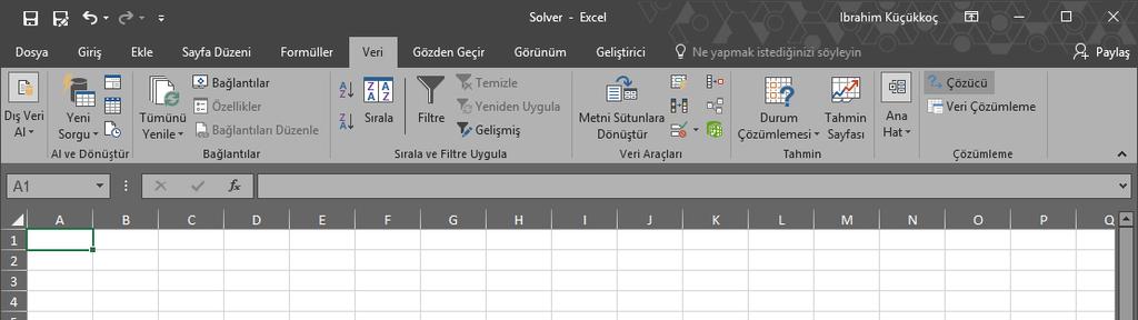 Excel Solver Kurulumu ve Kullanımı Excel i kapatıp yeniden başlattıktan sonra, Veri menüsüne eklenmiş olan ve