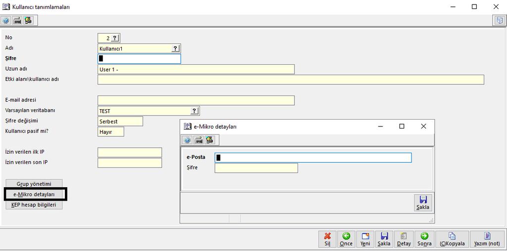 E-Mikro Kullanıcı Ayarları Mikrokur / Kuruluş / Kullanıcılar ve gruplar / Kullanıcı tanımlama (501220) menüsünden kullanıcı seçimi yapıldıktan sonra e-mikro detayları butonundan e- Mutabakat işlemi